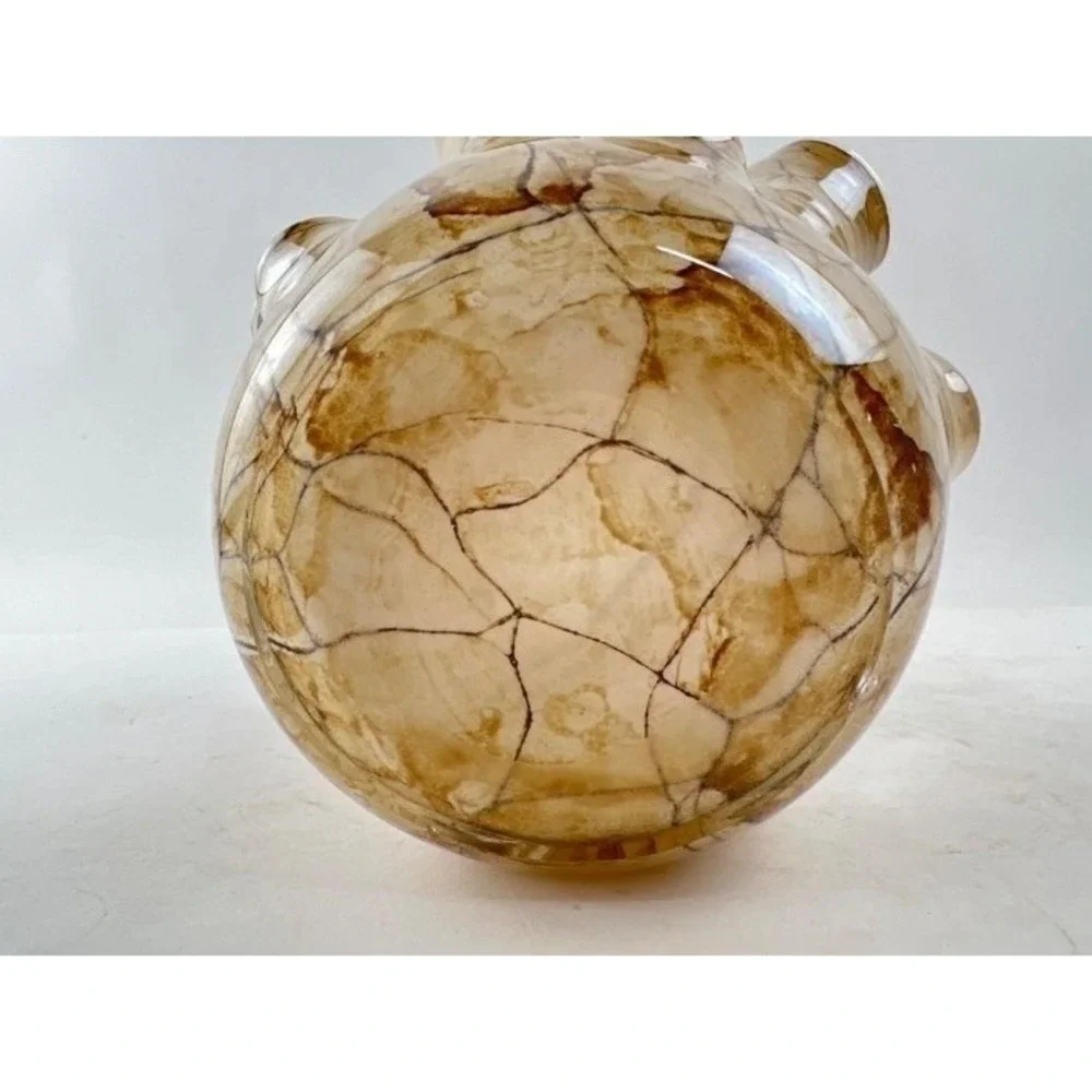 Vintage Jozefina Krosno Style Hand Blown Amber Veined Freeform Art Glass Vase
